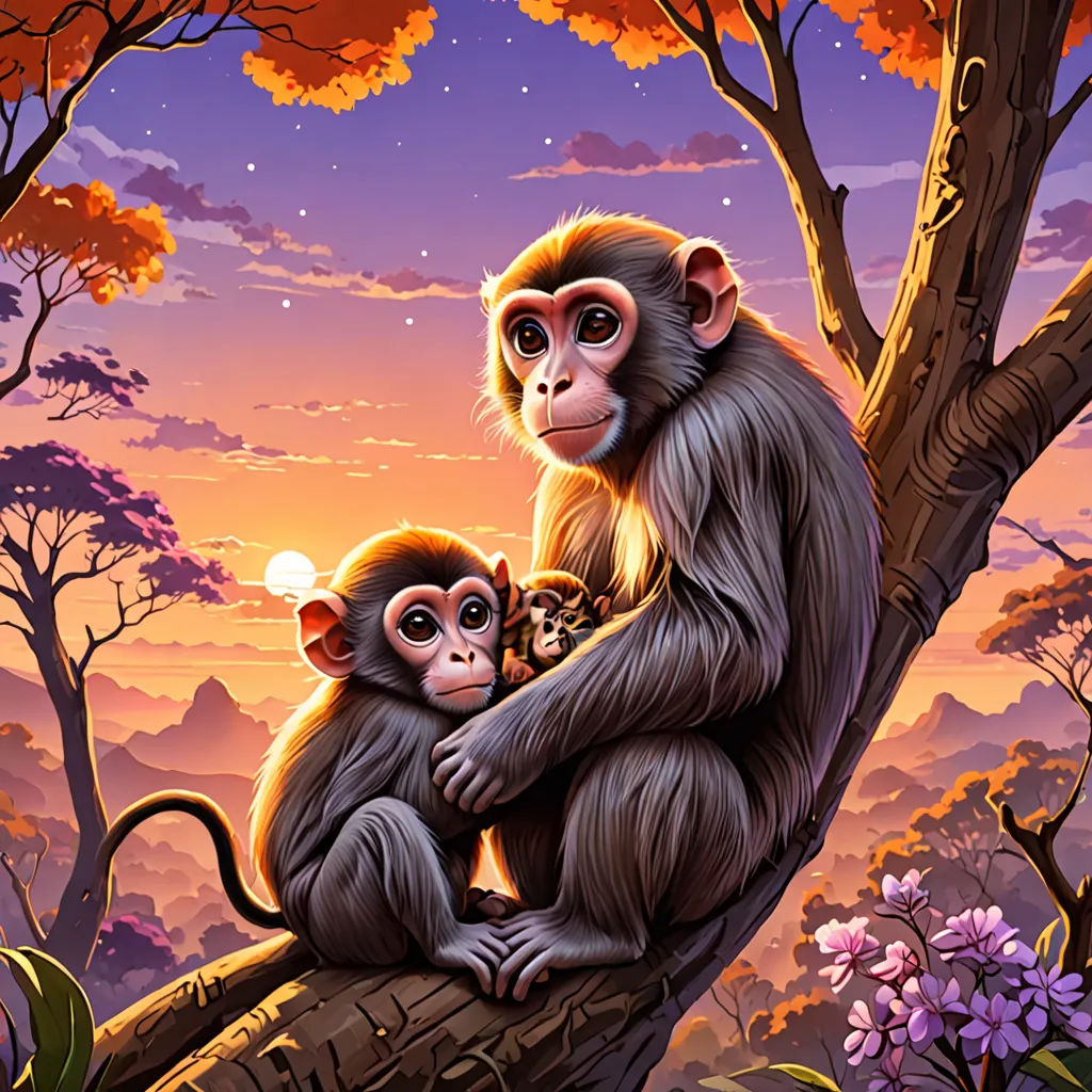 a monkey and a baby monkey sitting on a tree branch in a forest at sunset with a full moon, fantasy art, a storybook illustration, Brothers Hildebrandt, highly detailed digital painting