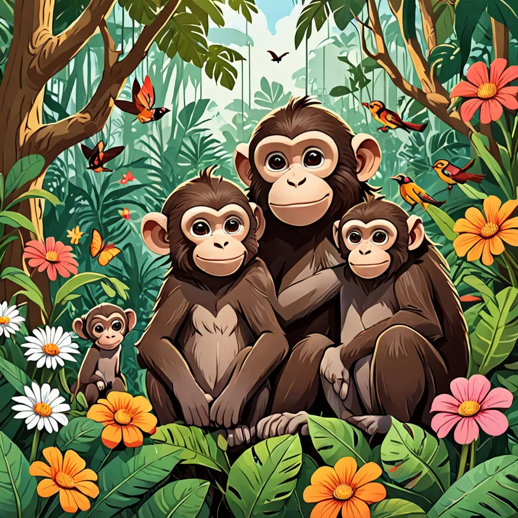a group of monkeys sitting in the middle of a jungle with flowers and butterflies around them and a butterfly flying above, primitivism, a storybook illustration, Chris LaBrooy, highly detailed digital painting