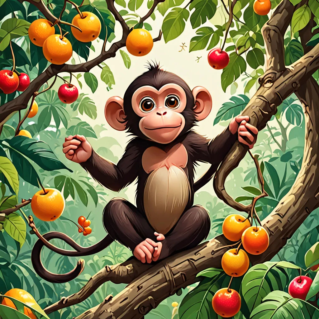 a monkey sitting on a tree branch with apples in the background of a forest full of oranges and apples, pop surrealism, a storybook illustration, Chris LaBrooy, highly detailed digital painting
