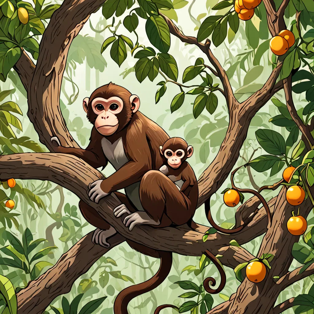 a monkey and a baby sitting on a tree branch in a jungle with oranges and leaves on the background, naturalism, a storybook illustration, Chris LaBrooy, jungle