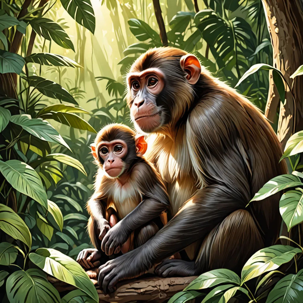 a monkey and a baby monkey sitting in a jungle setting with leaves and plants around them, with a background of green foliage, sumatraism, a digital painting, Brothers Hildebrandt, highly detailed digital painting