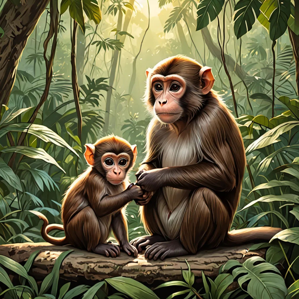 a monkey and a baby monkey sitting on a log in a jungle setting with sunlight shining through the trees, sumatraism, a digital painting, Brothers Hildebrandt, highly detailed digital painting
