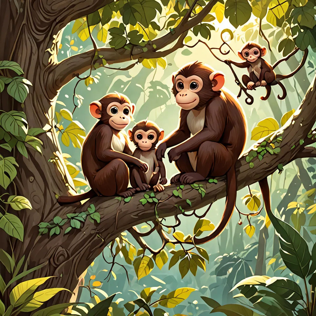 a group of monkeys sitting on a tree branch in a forest with leaves and branches around them, with a baby monkey in the foreground, sumatraism, a storybook illustration, Chris LaBrooy, rossdraws global illumination