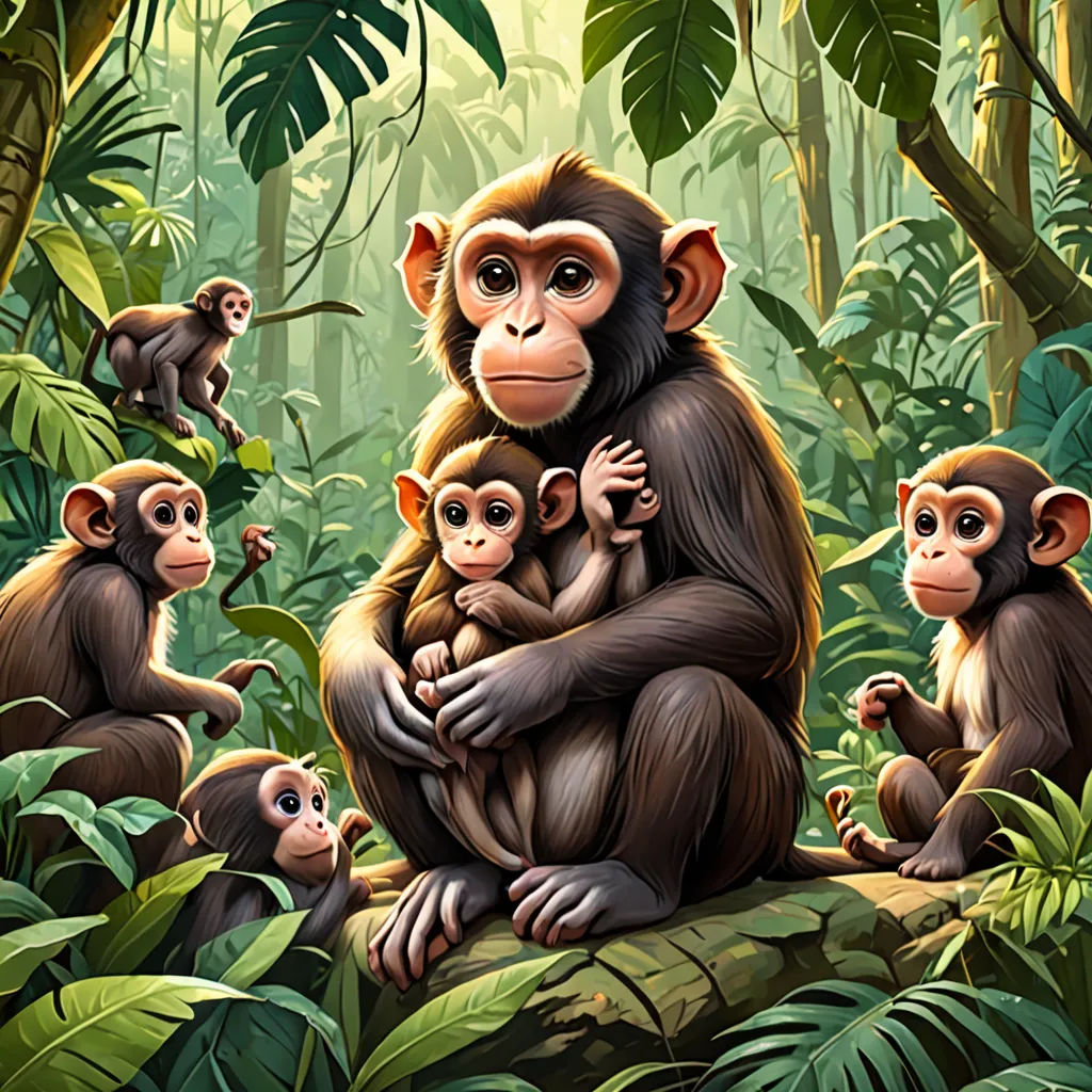a group of monkeys sitting on a tree in the jungle with a baby monkey in the middle of the picture, primitivism, a detailed drawing, Alex Petruk APe, highly detailed digital painting