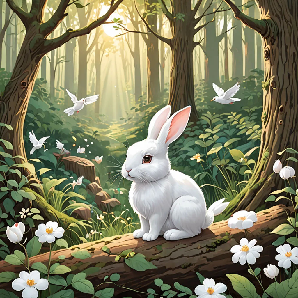a painting of a white rabbit sitting on a log in a forest with white flowers and birds flying around, fantasy art, a storybook illustration, Chris LaBrooy, rossdraws global illumination