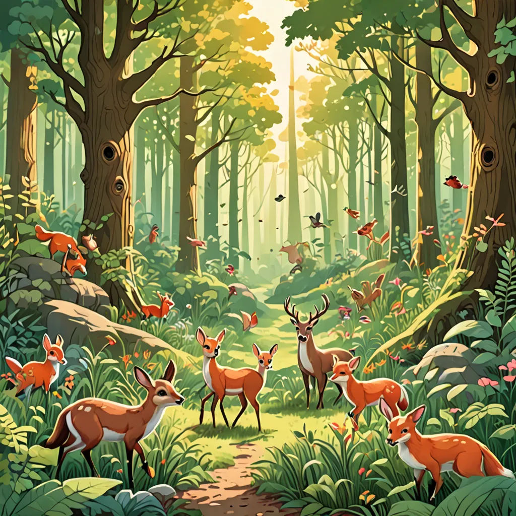 a painting of a forest with deer and butterflies flying around it and a path leading to the forest with trees and flowers, environmental art, a storybook illustration, Chris LaBrooy, forest