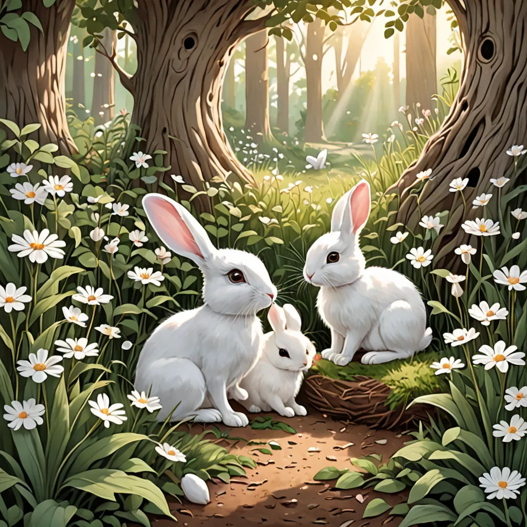 a painting of two rabbits in a forest with daisies and trees in the background, with sunlight shining through the trees, fantasy art, a storybook illustration, Beatrix Potter, rossdraws global illumination