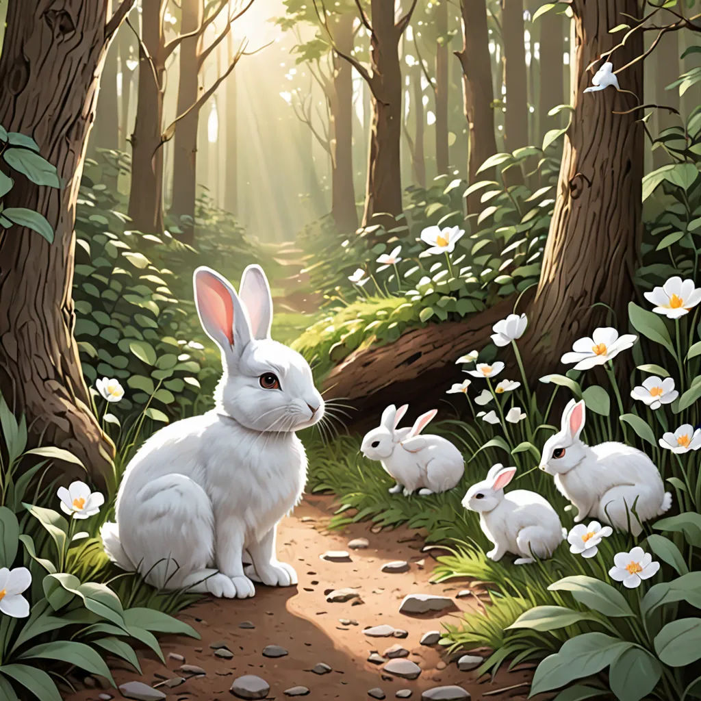 a painting of a rabbit and her babies in a forest with flowers and rocks on the ground and a path leading to them, magic realism, a storybook illustration, David Martin, rossdraws global illumination