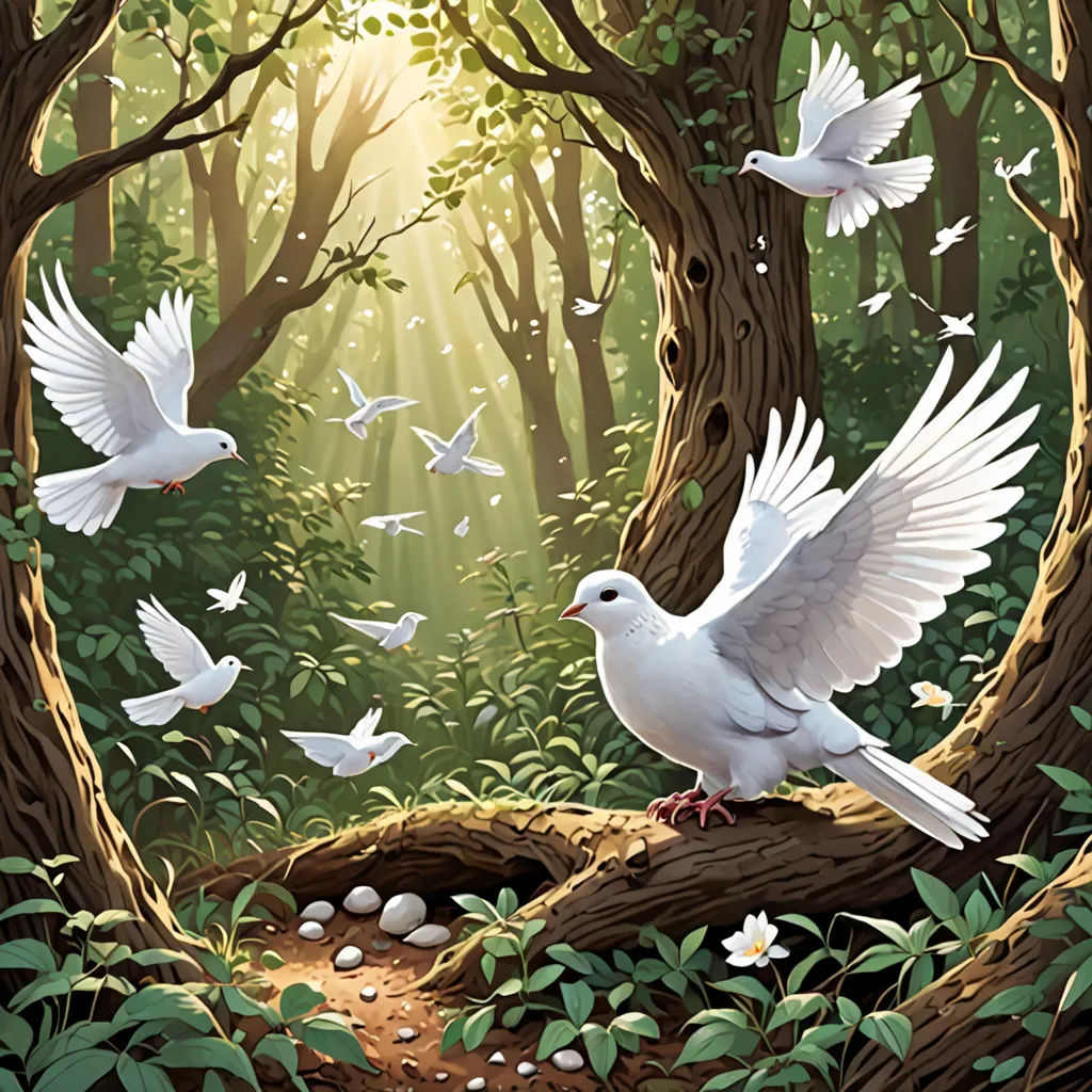 a painting of a white bird flying over a forest with lots of trees and birds flying around it,, magical realism, a storybook illustration, David Martin, birds