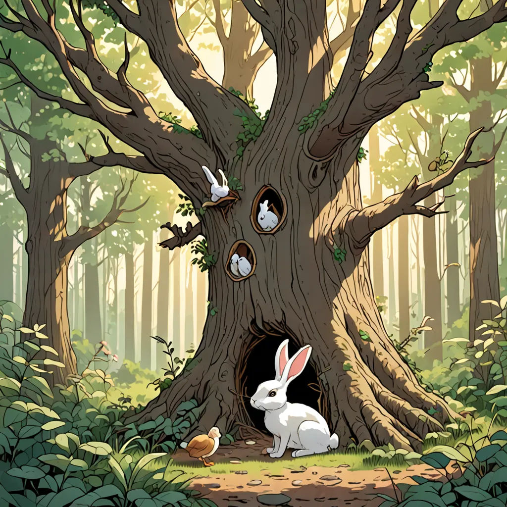 a rabbit sitting in a hole in a tree with birds around it and a birdhouse in the middle, magical realism, a storybook illustration, Chris LaBrooy, rossdraws global illumination