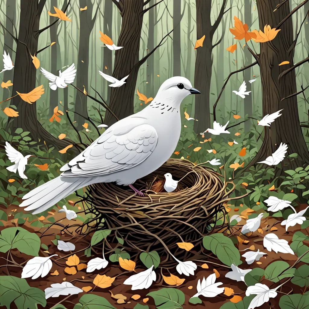 a bird is sitting on a nest in the woods with leaves flying around it and a bird is standing on the nest, magic realism, a storybook illustration, David Martin, highly detailed digital painting