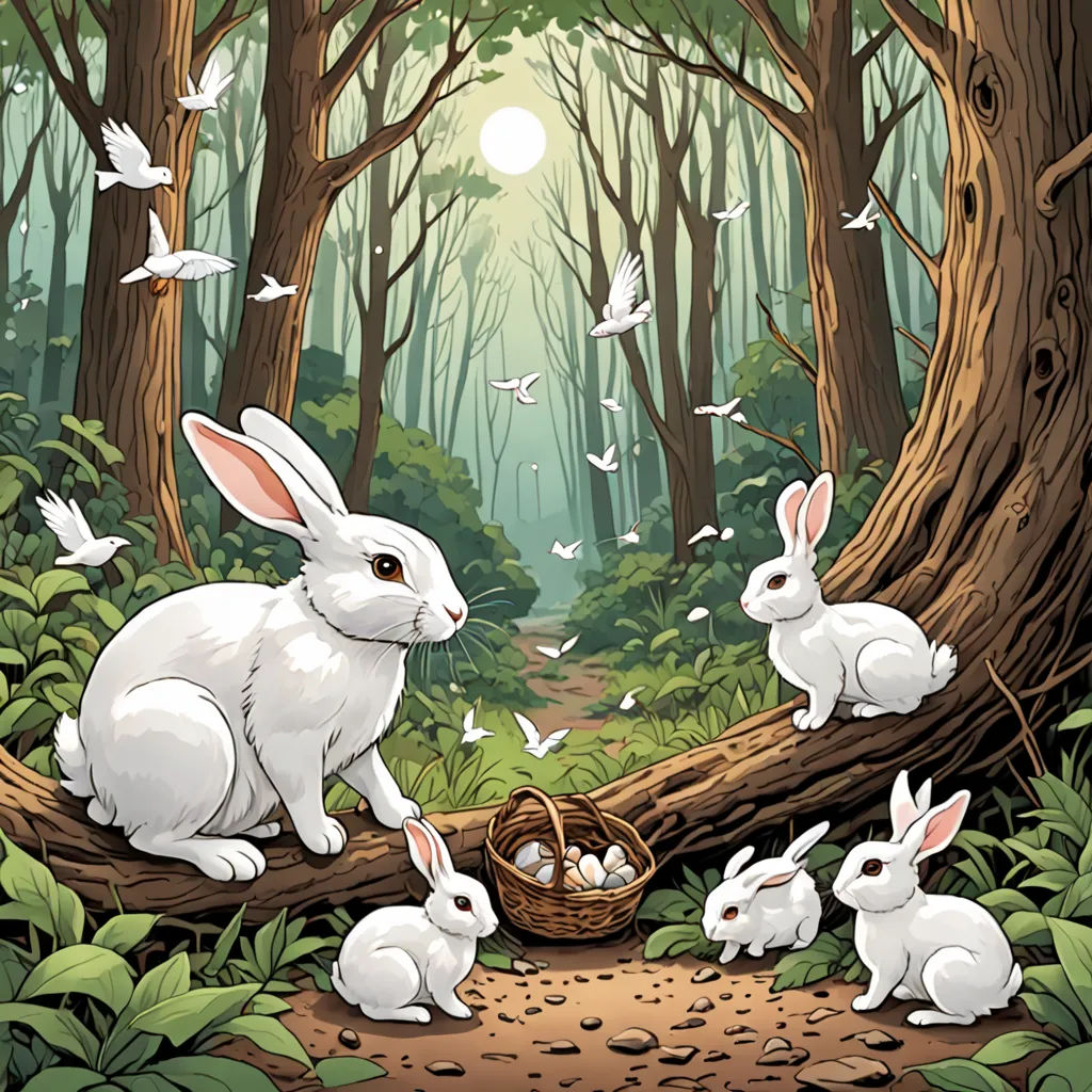a group of rabbits sitting in the woods with a basket of eggs in the foreground and a bird flying overhead, fantasy art, a storybook illustration, David Martin, rossdraws global illumination