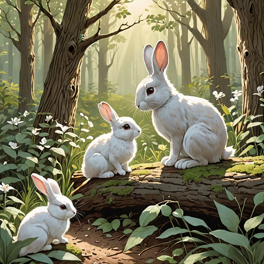 a painting of two rabbits sitting on a log in a forest with trees and grass, and one rabbit is looking at the camera, magic realism, a storybook illustration, Brothers Hildebrandt, rossdraws global illumination