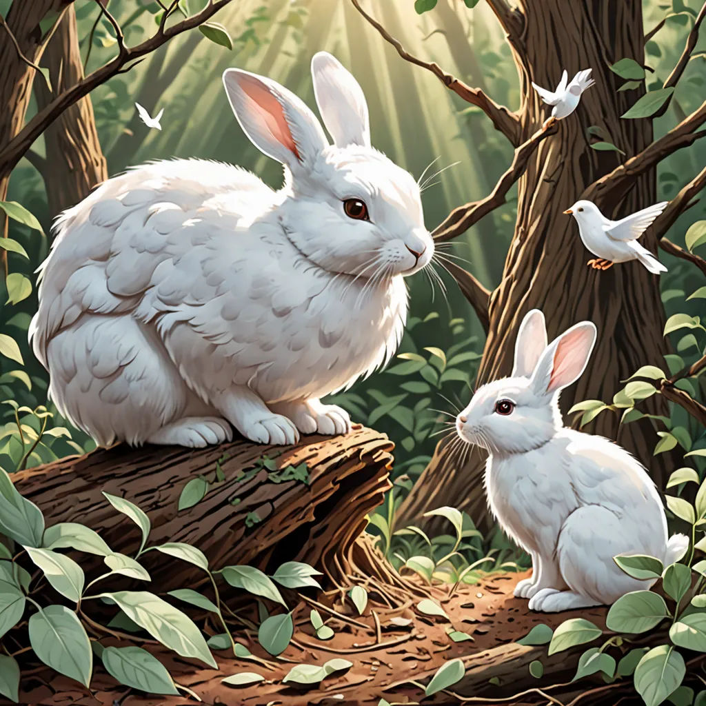 a painting of a rabbit and a bird in a forest with trees and leaves and a bird flying by, furry art, a storybook illustration, Chris LaBrooy, highly detailed digital painting