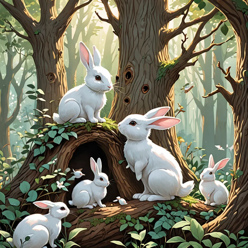 a painting of a group of rabbits sitting in a tree stump in a forest with a hole in the middle, magical realism, a storybook illustration, Chris LaBrooy, rossdraws global illumination