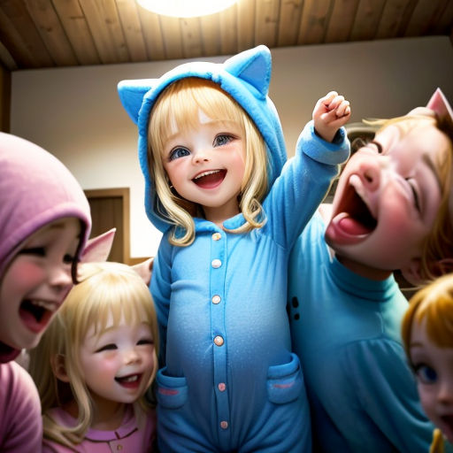 a group of children in pajamas and ones in pajamas are laughing and laughing together in a room with a light on