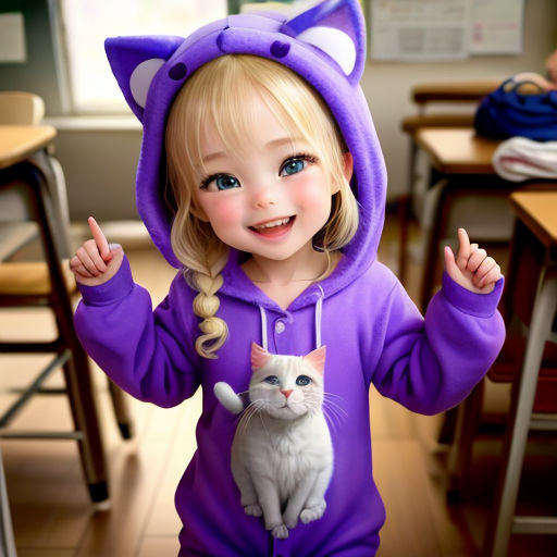 a little girl in a purple cat costume holding a cat in her hands and smiling at the camera with a cat on her chest
