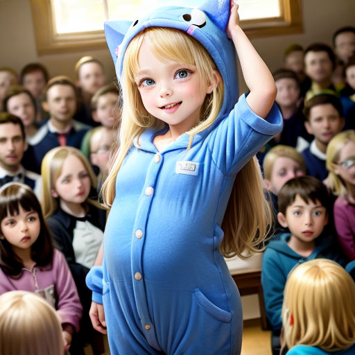 a young girl in a blue cat costume stands in front of a group of children in pajamas and a crowd of children