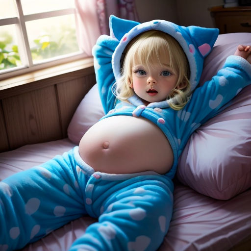 a little girl in a blue cat costume laying on a bed with her legs spread out and her stomach tucked under her leg