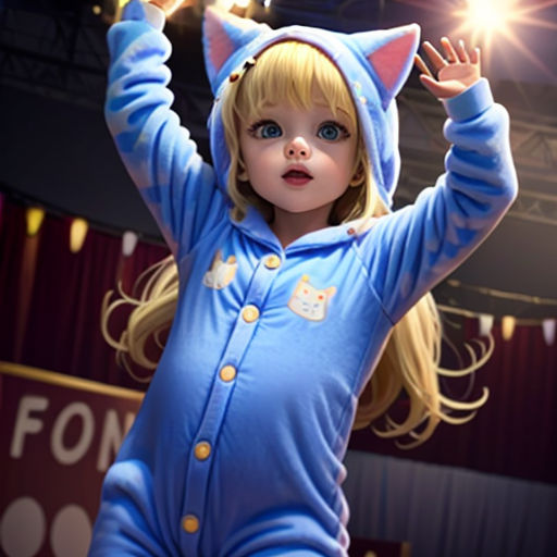 a little girl dressed in a blue cat costume with a light up wand in her hand and a cat hat on