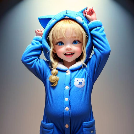 a little girl in a blue cat onesuit with a light on her head and a cat on her head