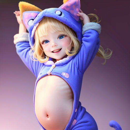 a little girl in a blue cat costume posing for a picture with her hands on her head and a cat hat on