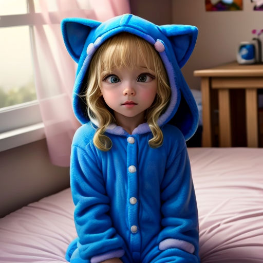 a little girl in a blue cat onesuit sitting on a bed with a window behind her and a pink curtain
