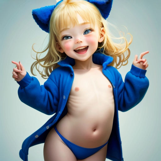 a naked child in a blue cat costume posing for a picture with her hands in the air and her shirt open