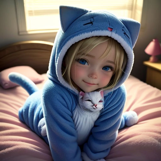 a little girl in a blue cat costume on a bed with a cat on her chest and a cat on her chest