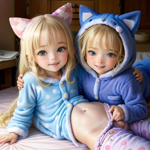two little girls are sitting on a bed together wearing pajamas and cat ears on their heads and ears on their heads