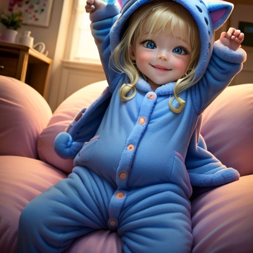 a little girl in a blue cat costume on a bed with pillows and a window behind her is waving