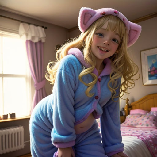 a young girl in a pink and blue cat costume posing for a picture in her bedroom with her cat pajamas
