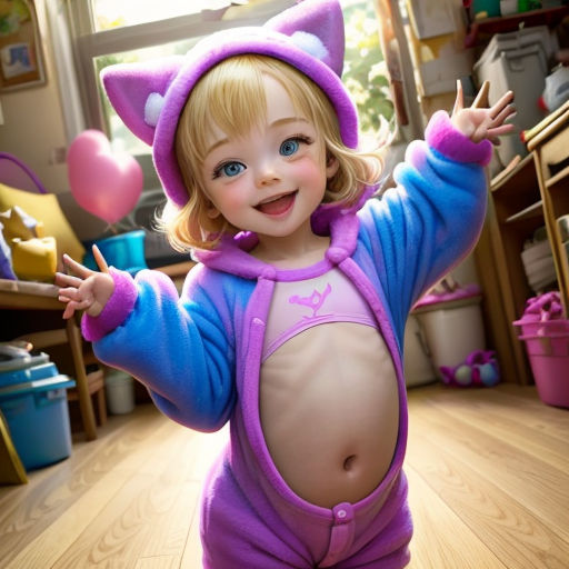 a little girl in a purple cat costume is dancing on the floor in a room with toys and a window