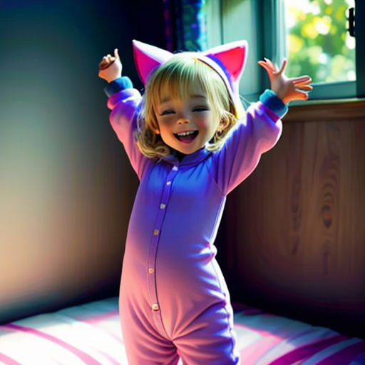 a little girl in a cat costume jumping on a bed with her arms in the air and her eyes closed