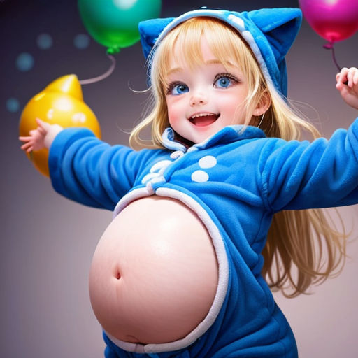a little girl in a blue costume holding balloons and a star shaped balloon in her hand and smiling at the camera