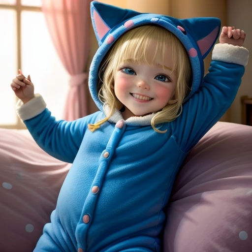 a little girl in a blue cat suit sitting on a pink couch with her arms up and smiling at the camera