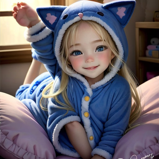 a little girl in a blue cat costume laying on a bed with pillows and pillows on it's sides