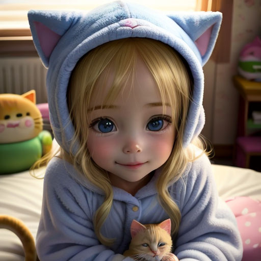 a little girl in a cat costume holding a cat in her arms and a cat on her chest,