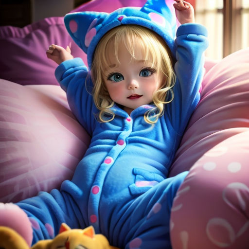 a little girl laying on a bed with a blue cat costume on her head and a stuffed animal toy
