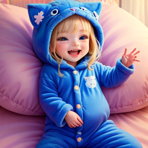 a little girl in a blue cat onesuit sitting on a pink pillow and smiling at the camera with her hand up