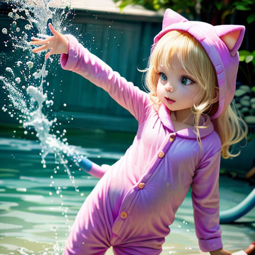 a little girl in a pink cat suit playing in a pool of water with a hose and a hose cleaner