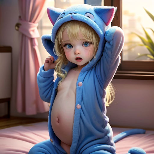 a very cute little girl in a cat costume on a bed with a big breast and a big breast