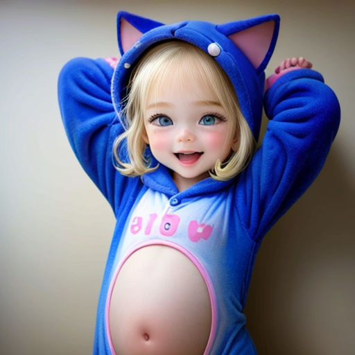 a little girl in a blue cat costume posing for a picture with her hands on her head and her hands on her head