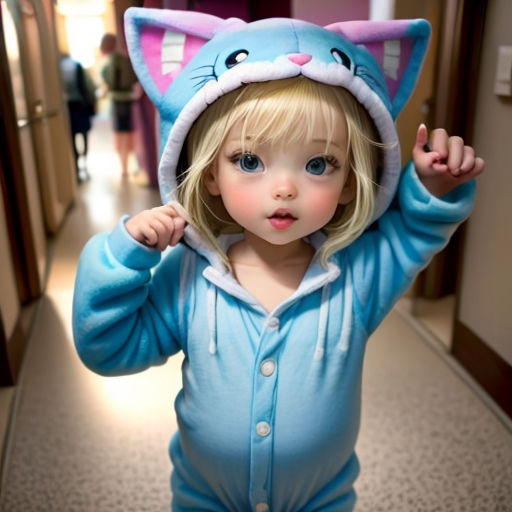 a little girl in a blue cat costume is standing in a hallway with her hands on her head and her eyes closed