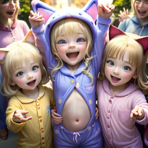 three children dressed in costumes posing for a picture together with a group of people behind them in the background