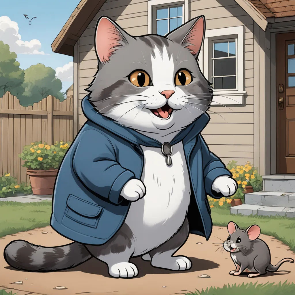 a cat in a blue jacket standing next to a mouse in a yard with a house in the background, sots art, a character portrait, Dean Roger, official art