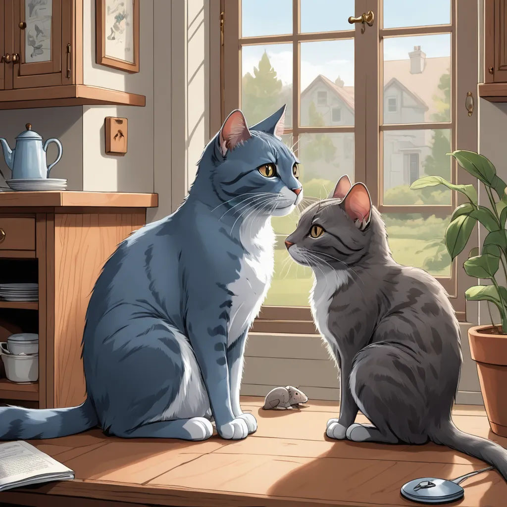 a cat and a mouse sitting on a table in a kitchen next to a window with a view of a house, sots art, a storybook illustration, Brothers Hildebrandt, official art