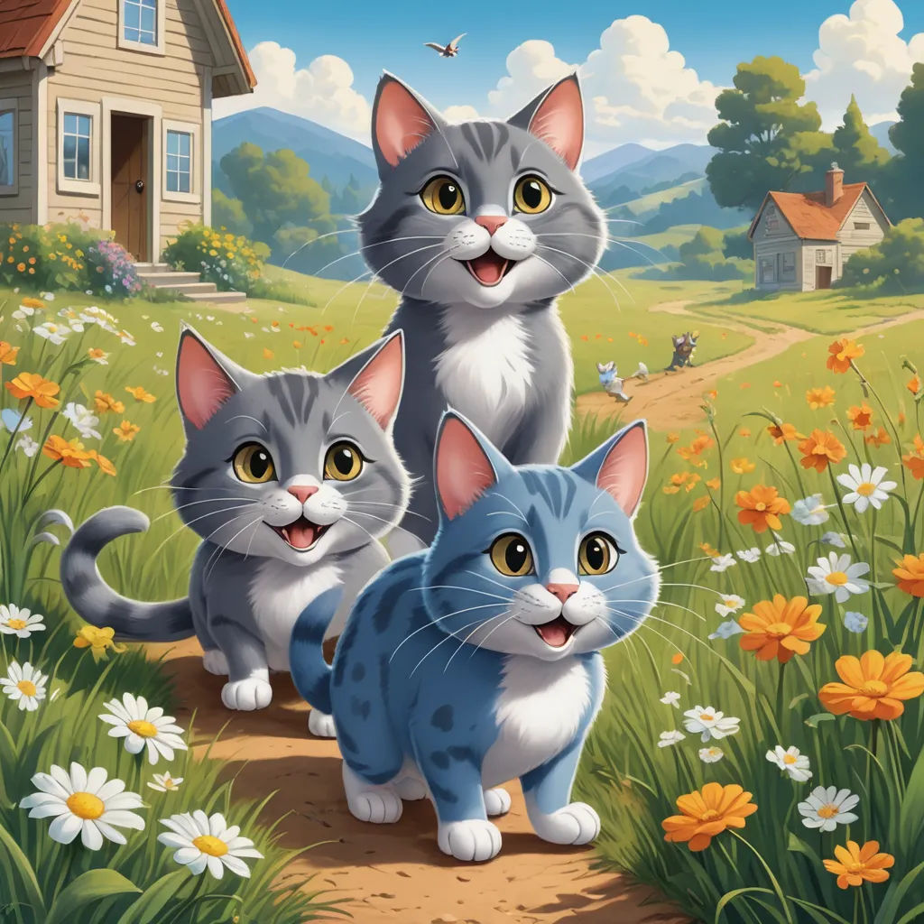 three cats are standing in a field of flowers and daisies, with a house in the background and a bird flying overhead, sots art, a storybook illustration, Chris LaBrooy, official art
