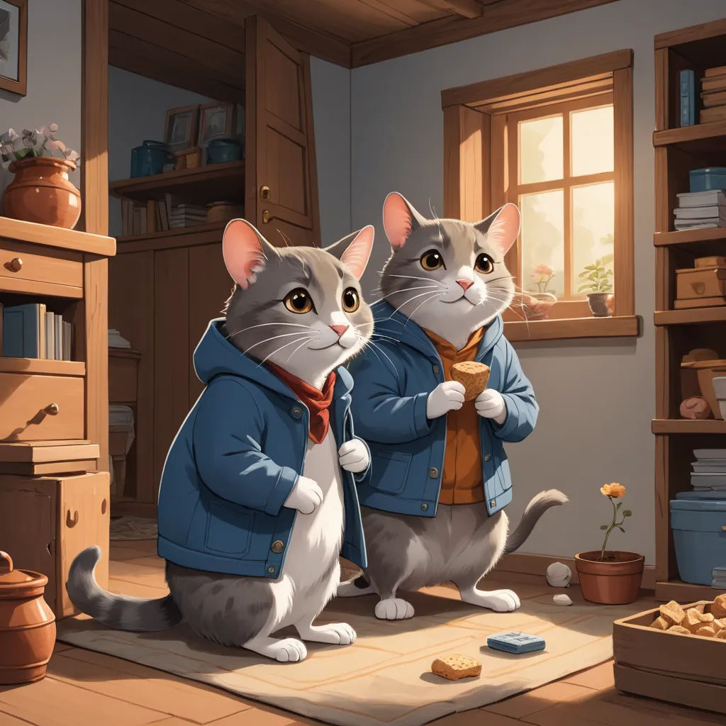 a couple of cats standing next to each other on a floor next to a window and a table with a vase, sots art, a storybook illustration, Chris LaBrooy, trending on art station