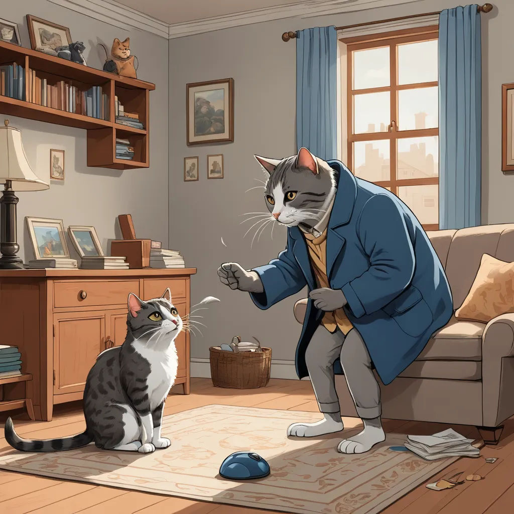 a cat is sitting on the floor and a man is standing next to him and a mouse is on the floor, furry art, a storybook illustration, David Brewster, storybook illustration
